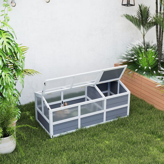 HKM-3374013 Outdoor Wooden Tortoise Habitat with Bottomless Design and PC Sun Panel Windows for Small Animals, Light Gray