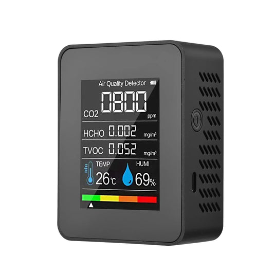 HKM-340179 Digital 5-in-1 Indoor Air Quality Meter for CO2, TVOC, HCHO, Temperature and Humidity Monitoring with LCD Display
