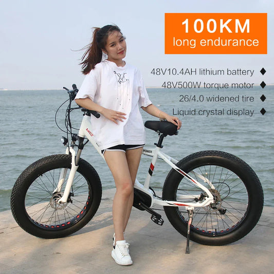 HKM-340307 48V 500W Mid-Motor Fat Tire Electric Bike for Snow & Off-Road with Aluminum Alloy Frame and Hydraulic Disc Brakes