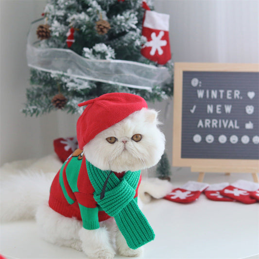 HKM-3455165 Cozy Christmas Knitted Sweater for Dogs with Beret and Scarves - Red and Green Stripes