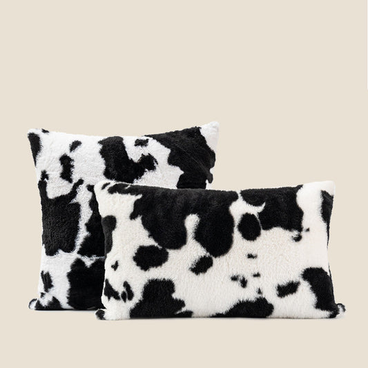 HKM-345555 Black and White Cow Pattern Plush Velvet Pillow for Sofa and Bed