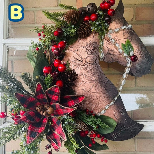HKM-346195 Horse Head Christmas Garland Decoration with Colorful Balls - 50x46cm & 40x33cm