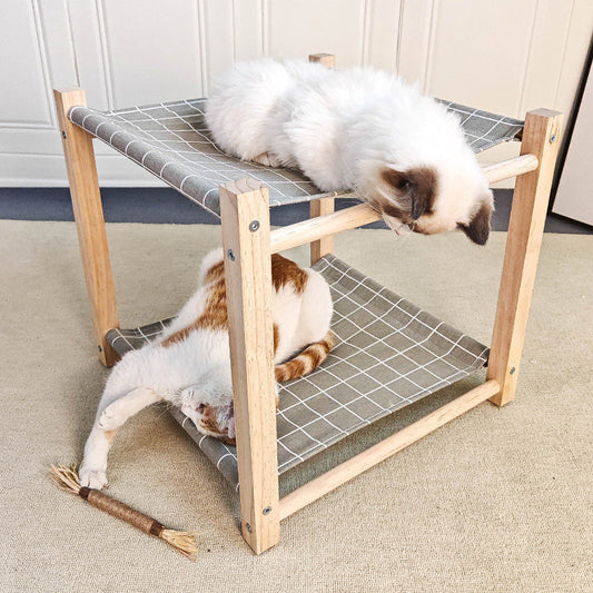 HKM-3503037 Double Layer Cat Hammock Pet Bed - Removable and Washable Solid Wood Design in Classic Gray and Navy Blue