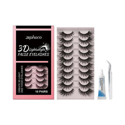 HKM-355027 3D Lightweight False Eyelashes with Tweezers and Eyelash Glue - 10 Pairs