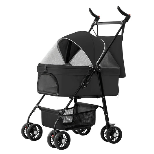 HKM-3557693 Foldable 4-Wheel Pet Stroller with Detachable Carrier Bag and Storage Basket for Dogs and Cats