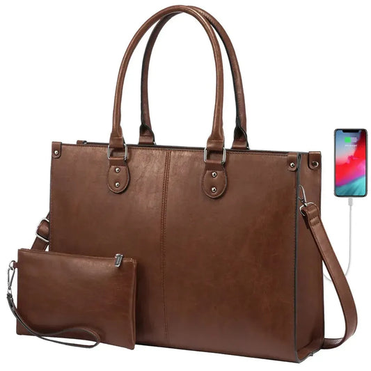 HKM-356499 Women's PU Leather Laptop Tote Bag for 15.6-Inch Laptops - Stylish Office Messenger Handbag