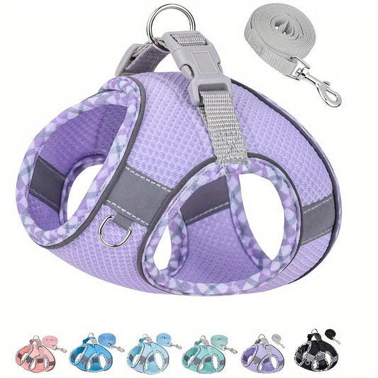 HKM-3582269 Reflective Plaid Dog Harness with Traction Rope - Adjustable Fit for Comfort and Safety