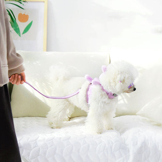 HKM-3603517 Vest-Style Cat and Dog Harness and Leash Set in Purple, Pink, and Off White - Suitable for Pets 3-12 Pounds