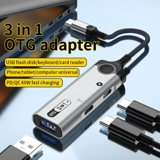 HKM-362451 3 in 1 USB 3.0 to Type-C OTG Charging Adapter for MacBook and Laptop Connectivity