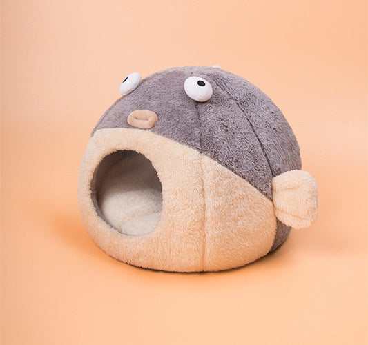 HKM-3636541 Cozy All-Season Cat House with Velvet Pufferfish Nest Pad