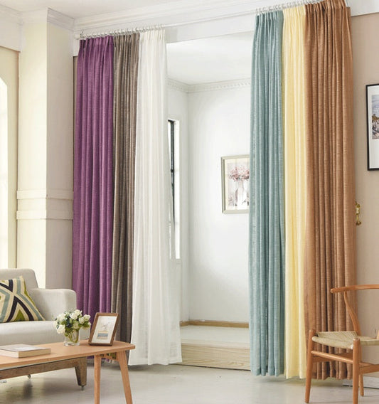HKM-364691 Solid Color Linen Curtains for Various Window Types - Cotton Blend with Half Shading Function