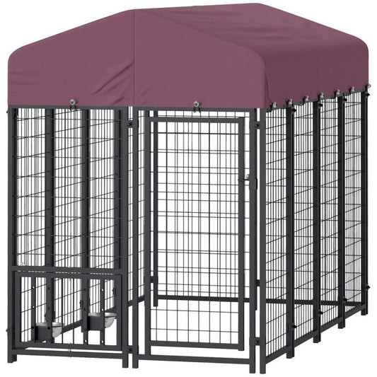 HKM-367315 Welded Wire Outdoor Dog Kennel with Adjustable Feeding Bowls and Waterproof Cover, 7.9 x 4 x 6 ft