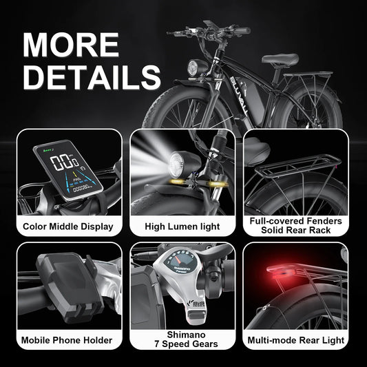 HKM-367699 26" 4.0 Fat Tire Electric Bike, 48V 1000W Motor, 16Ah Battery, 7-Speed Shimano, Hydraulic Disc Brakes, LED Lights