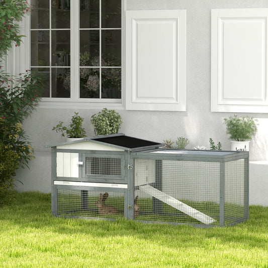 HKM-3695933 Large Outdoor Rabbit Hutch with Run, Removable Tray, Feeding Trough, and Ramp - Weatherproof Design in White