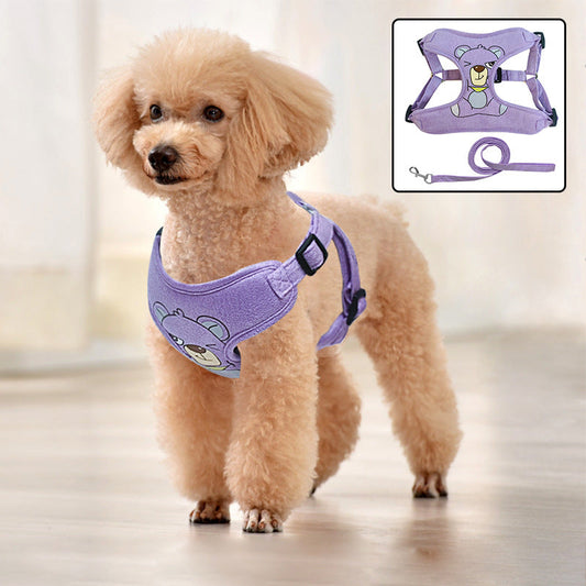 HKM-3724349 Suede Pet Harness with Chest Strap and Leash in Pink, Light Green, Dark Purple - Sizes S, M, L, XL