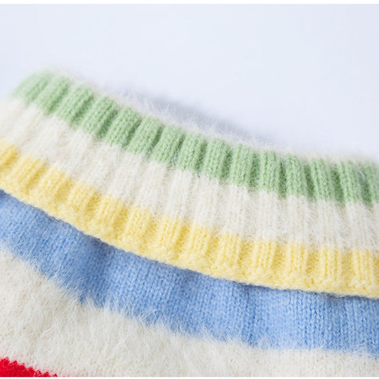 HKM-3729597 Medium-Sized Dog Pullover Sweater with Playful Cherry Design and Vibrant Multicolor Stripes