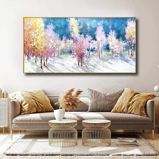 HKM-374995 Handmade Abstract Oil Painting on Canvas - Multi-Color Autumn Winter Forest Landscape for Living Room Decor