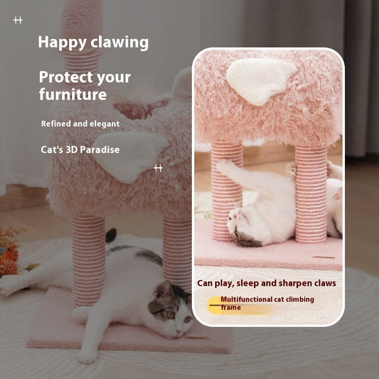 HKM-3763773 Sisal Cat Climbing Frame with Cat Nest for Scratching and Play - Cute Design in White and Pink