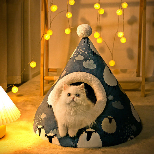 HKM-3781309 Enclosed Triangle Cat Nest - Soft Plush Bed for Indoor Cats
