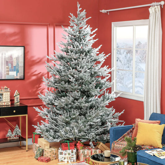 HKM-380115 9 FT Flocked Hinged Christmas Tree with 1939 Tips and Auto Open Green Steel Base