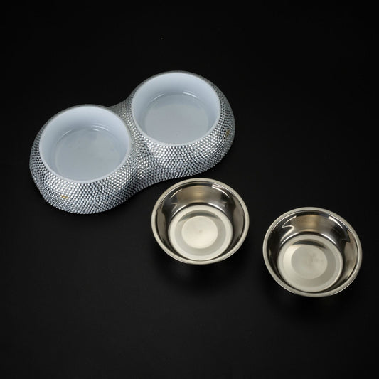 HKM-3812029 Rhinestone-Embellished Stainless Steel Double Dog Bowl - Silver 28x15.5x5cm