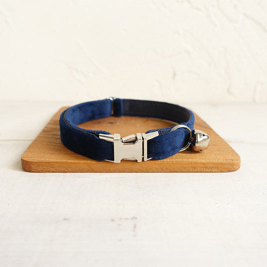 HKM-3852349 Navy Blue Double-Layer Soft Velvet Pet Collar for Cats, Size S and L