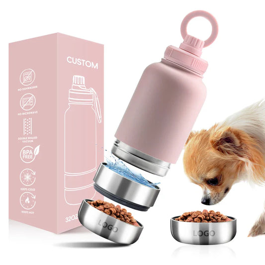 HKM-387923 32oz Stainless Steel Insulated Water Bottle with Magnetic Lid and Dual Bowls for Dogs