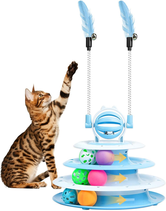 HKM-3886397 Interactive 4-Tier Cat Puzzle Toy with Balls and Teasers for Indoor Cats