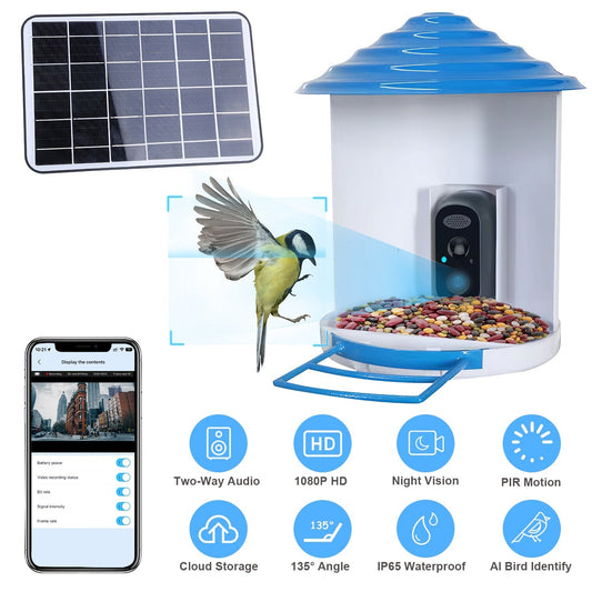 HKM-389651 Smart Bird Feeder with Solar-Powered Camera, 1080P HD Video, AI Bird Identification, PIR Motion Detection, App Control, IP65 Waterproof