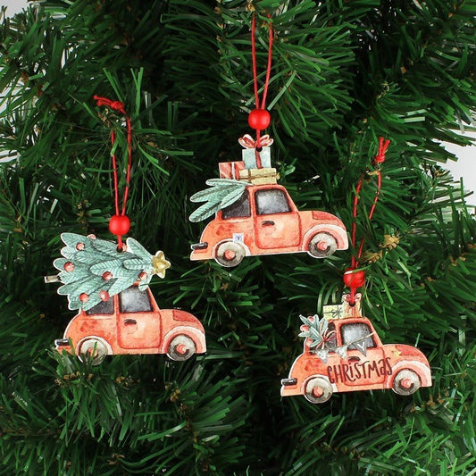 HKM-393299 Set of 3 Vintage Christmas Truck Ornaments with Tree for Holiday Decor