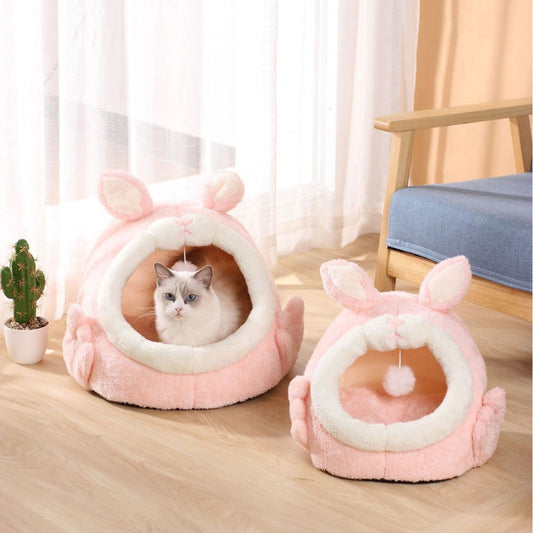HKM-3963453 Cozy Semi-Closed Pink Screaming Rabbit Cat House for Autumn and Winter - Various Sizes Available