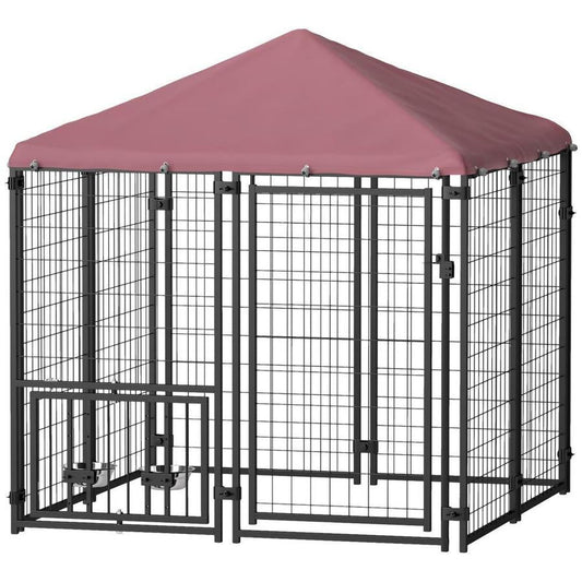 HKM-400083 Welded Wire Outdoor Dog Kennel with Adjustable Feeding System and Waterproof Cover, 4.6 ft x 4.6 ft x 5 ft