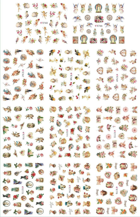HKM-400403 3D Adhesive Nail Art Stickers - Heavenly Father & Baby Angel Design, Floral Motifs E765-775