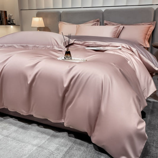 HKM-402387 Long-Staple Cotton Four-Piece Bedding Set with Fitted Sheet and Pillowcases, Solid Color Options, Multiple Sizes Available