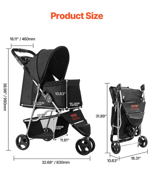 HKM-4087741 Foldable 3-Wheel Pet Stroller with Brake for Small Dogs and Cats, Up to 35lbs, Travel-Friendly Design