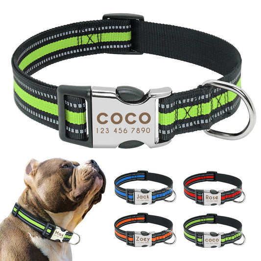 HKM-4104765 Custom Engraved Reflective Dog Collar Tag - Adjustable Nylon for Medium to Large Dogs