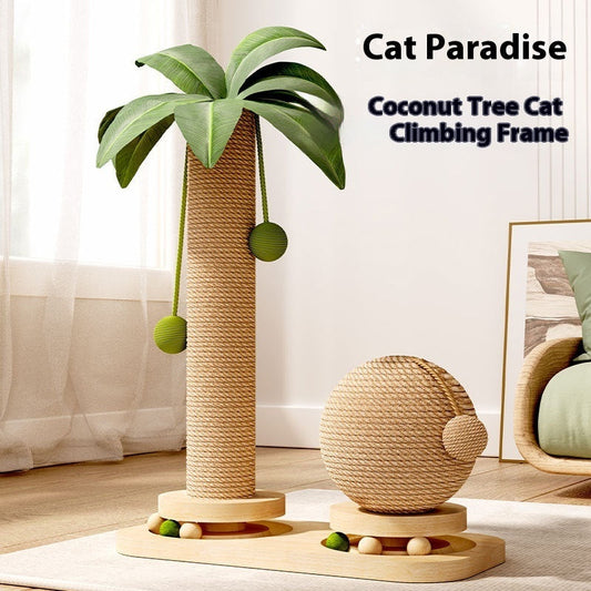 HKM-4190397 Durable Vertical Cat Climbing Frame with Coconut Tree Design and Wooden Balls