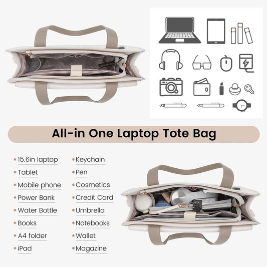 HKM-420883 Elegant 15.6 Inch Laptop Tote Handbag for Office Professionals, Durable PU Leather Business Briefcase, Spacious Work Purse for Women