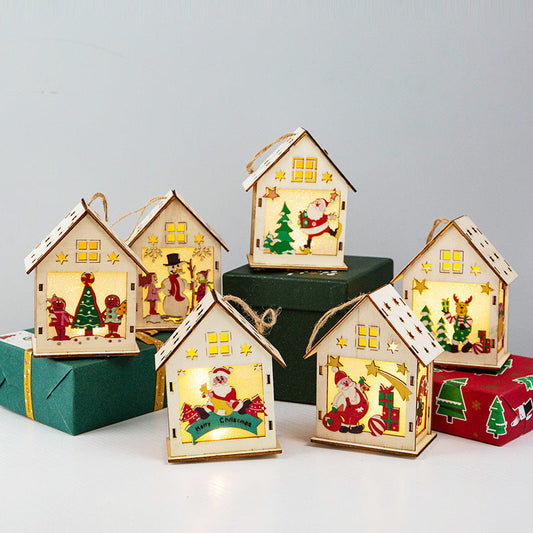 HKM-420947 Luminous Wooden Christmas Cabin Decoration – Colorful Ornaments for Holiday Cheer