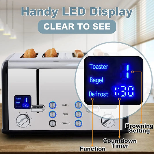 HKM-424531 Modern 4-Slice Electric Toaster with Touch Screen LED Display for Convenient Breakfast Preparation