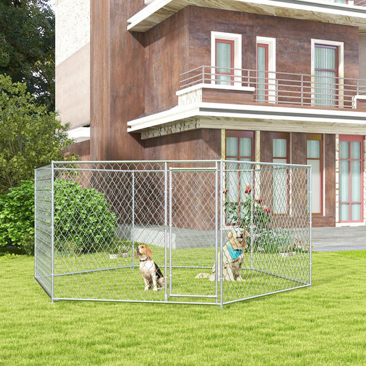 HKM-4258749 Outdoor Dog Kennel with Lockable Door for Medium to Large Dogs - 13.4' x 11.5' x 5.6' Silver Galvanized Steel, 108 ft²