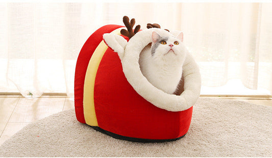 HKM-4282173 Festive Christmas Snow House Pet Nest with Warm & Cozy Design for Cats