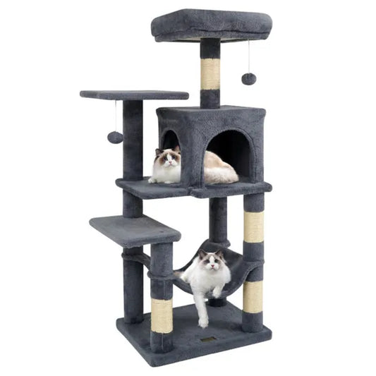 HKM-4308797 Multi-Level Cat Tree with Spacious Top Perch, Condo and Hammock for Indoor Cats - Gray