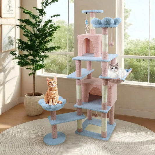 HKM-4323901 71-Inch Blue Cat Tree with Large Condo, Removable Flower Cushion, and Hammock