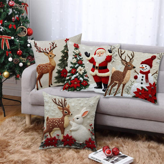 HKM-432659 Christmas Festival Elk and Rabbit Linen Pillow Cover - Modern 45x45 Atmosphere Decoration