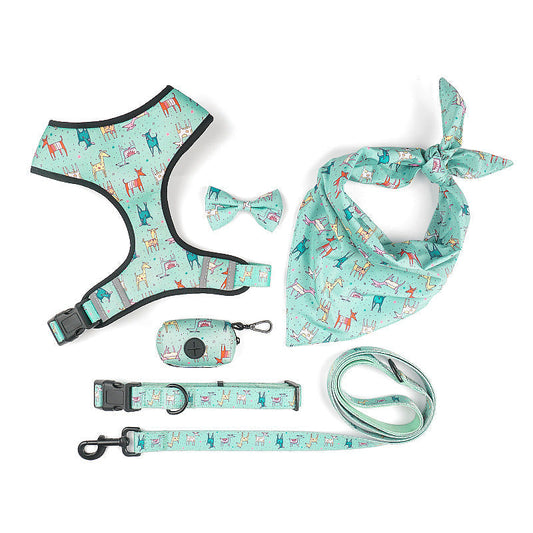 HKM-4335421 Pet Dog Leash Harness Set with Bow Tie and Triangle Scarf, 5 Sizes Available, Multiple Colors