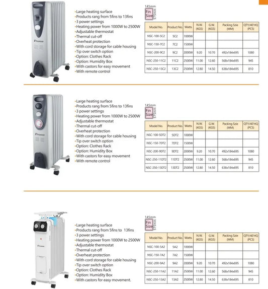 HKM-437907 Oil-Filled Radiator Heater with Adjustable Thermostat and Safety Features, 1500W, for Indoor Heating