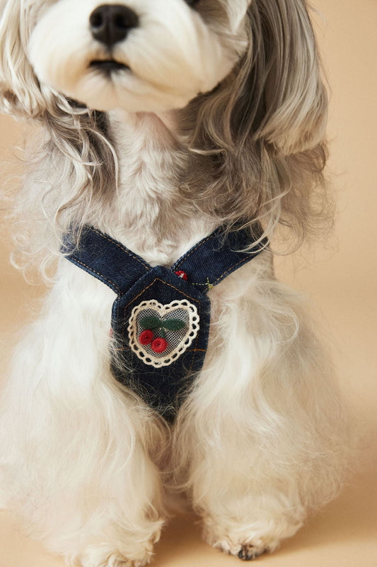 HKM-4411965 Cherry Denim Dress for Dogs - Casual Navy Blue Pet Clothing in Multiple Sizes (XS-XXL)