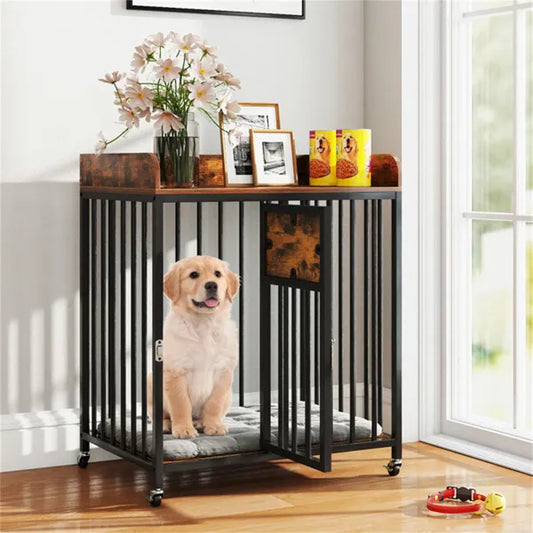 HKM-4428349 2-in-1 Pet Crate Furniture with Lockable Wheels and Sturdy Metal Frame for Small Dogs