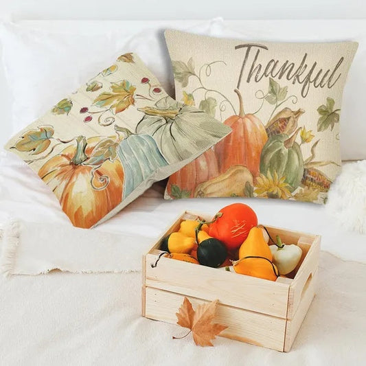 HKM-443859 Fall-Themed 4-Pack Linen Throw Pillow Covers, 18x18 Inch Watercolor Design